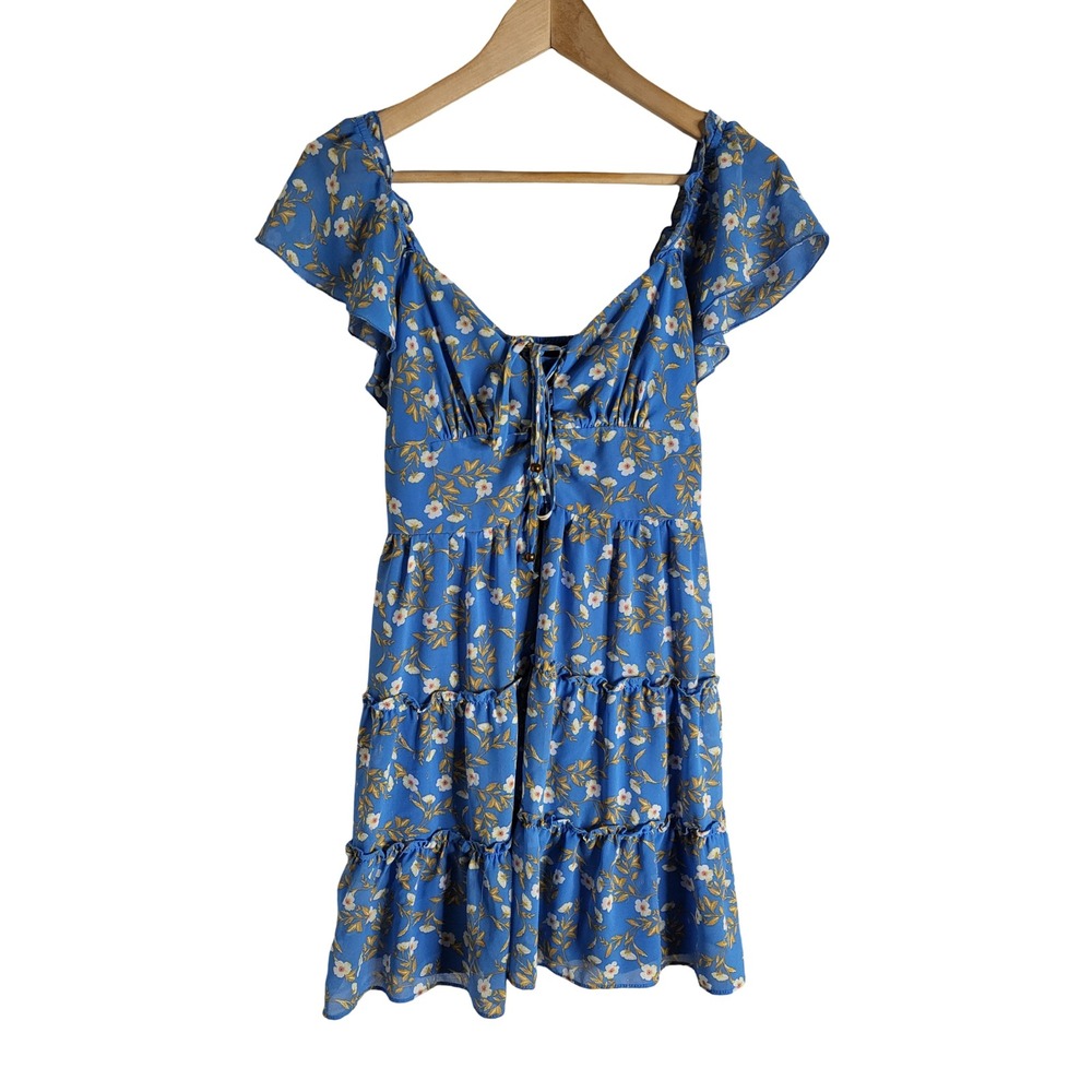 City Studio Floral Tiered Mini Dress Ruffle Sleeve Lace Up Front M Cottagecore